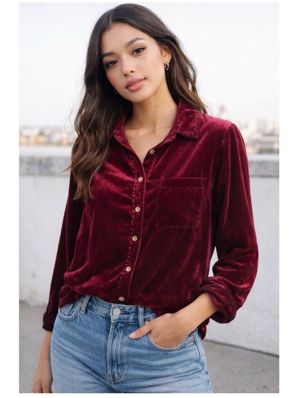Maeve by Anthropologie Velvet Button Down Top In Wine Red Size 4